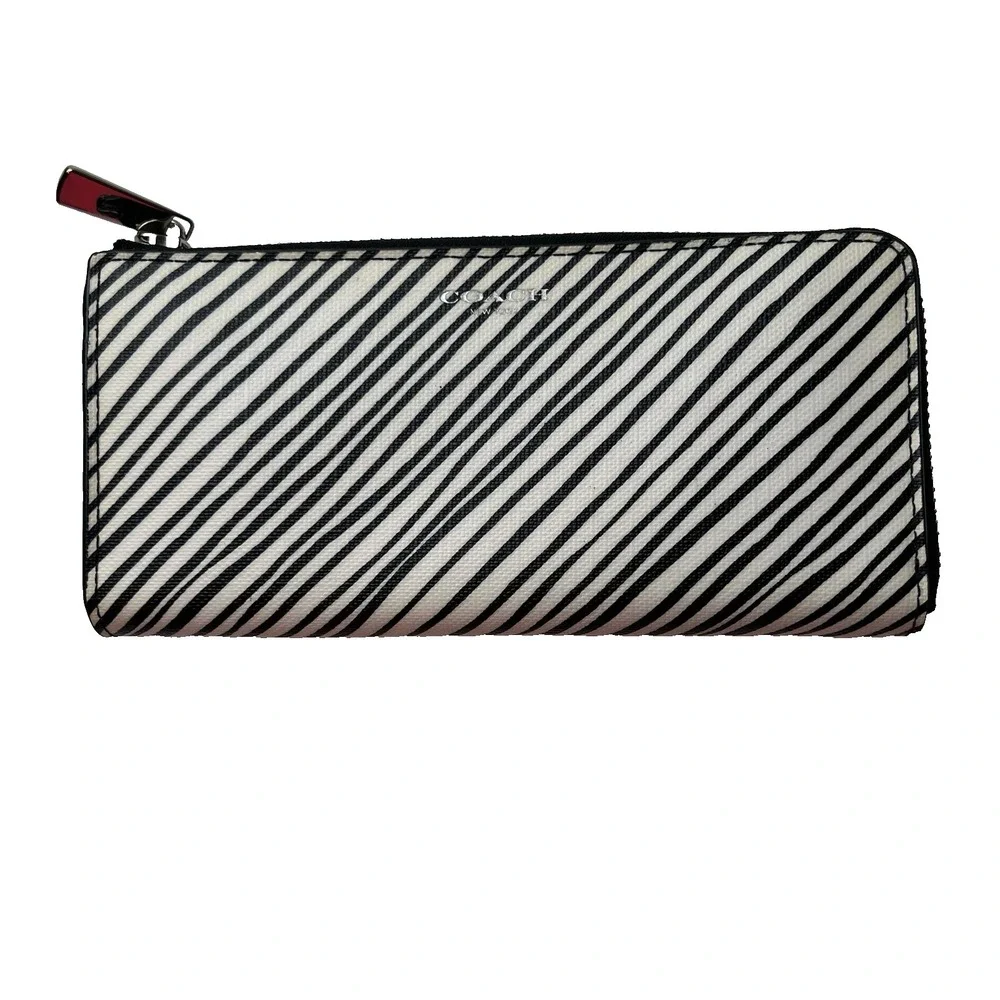 Coach Bleecker  Coated Canvas Slim Zip Around Wallet Zebra Black Off-White